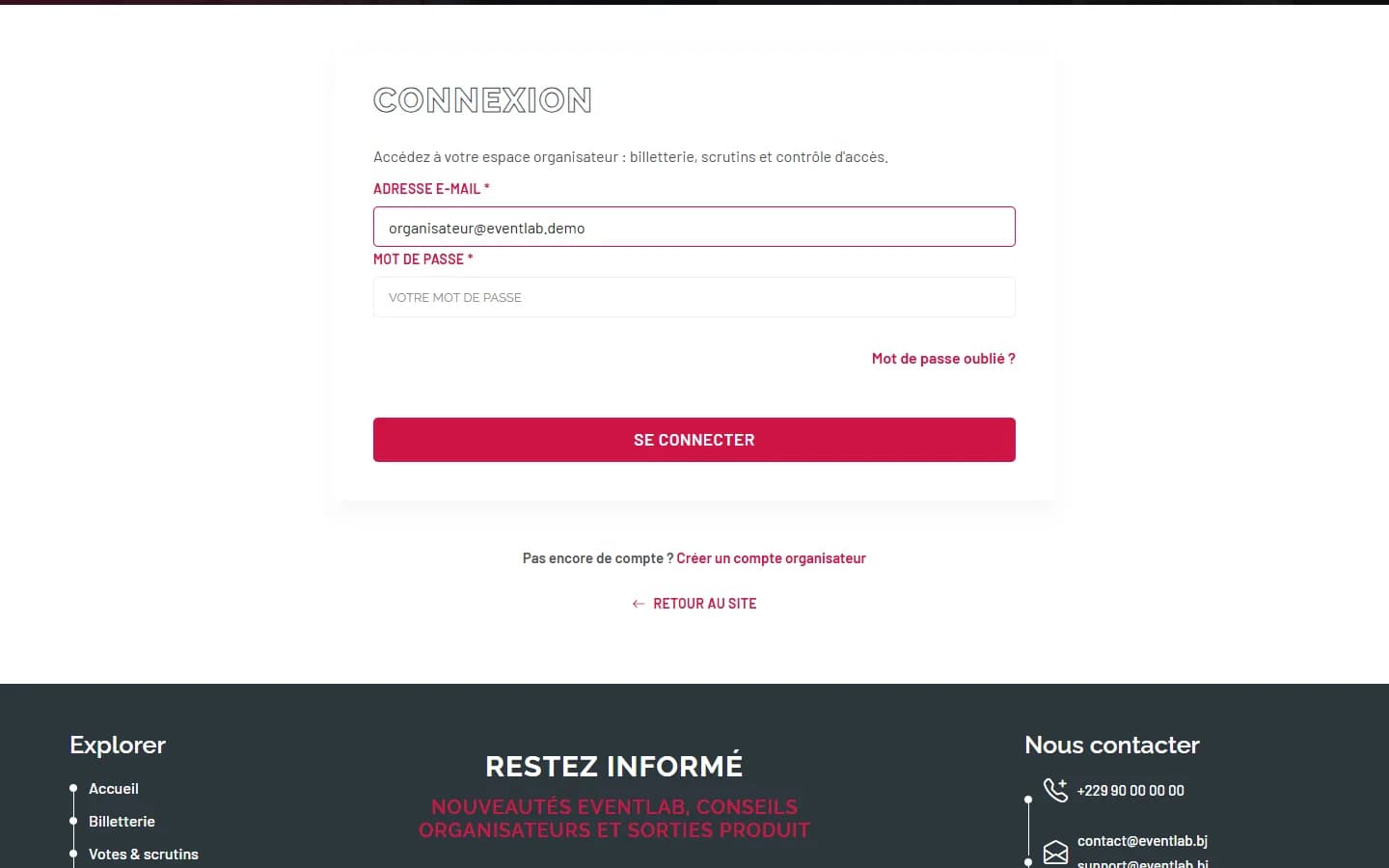 Page de connexion e-Wakpon avec le champ e-mail rempli