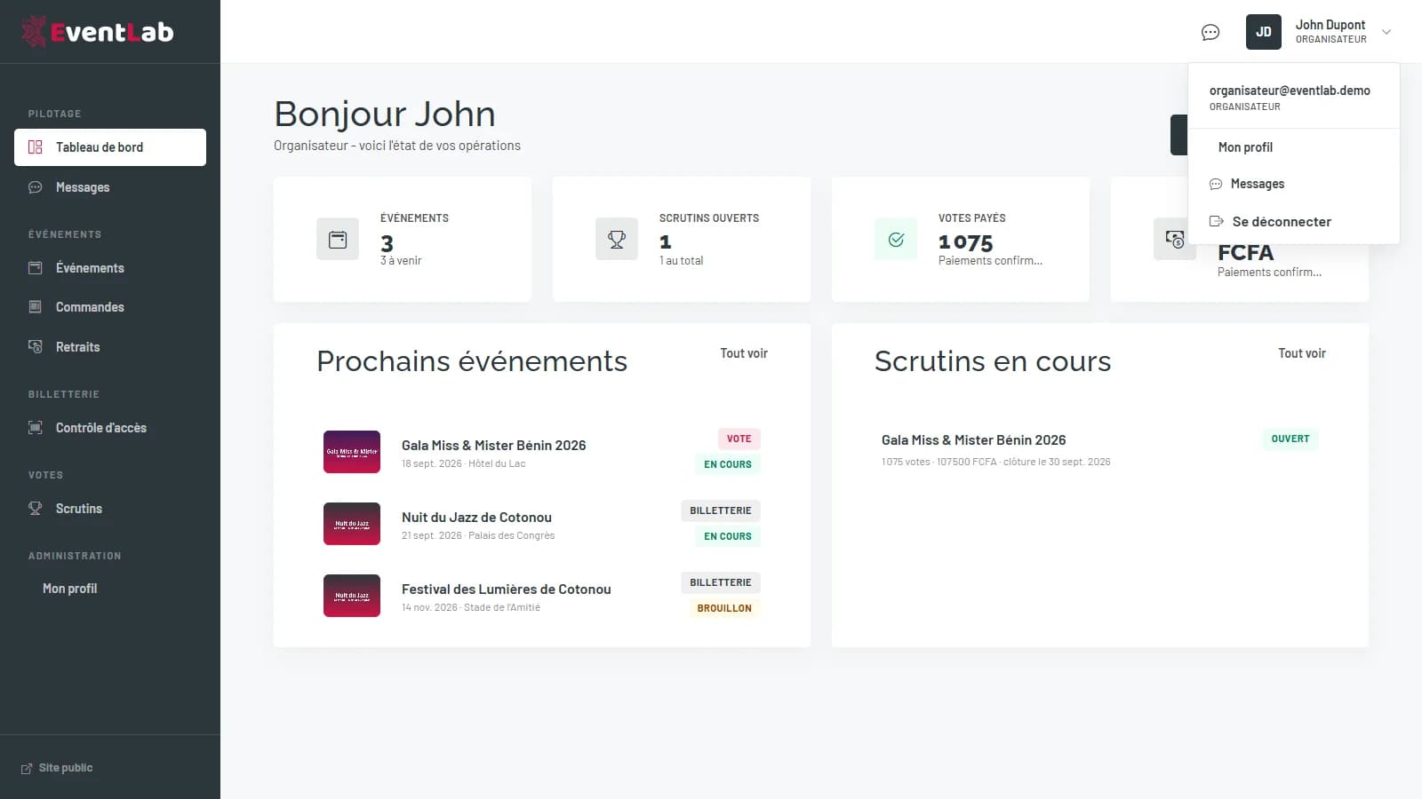 Menu utilisateur ouvert en haut à droite avec Mon profil, Messages et Se déconnecter