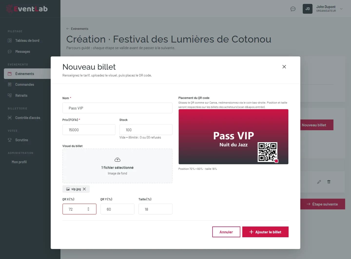 Fenêtre Nouveau billet avec l'aperçu du visuel et du QR code positionné