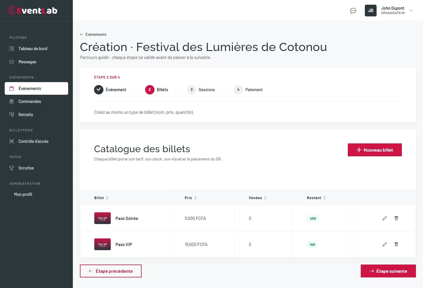 Catalogue des billets avec deux types de billets, leur prix, les ventes et le stock restant