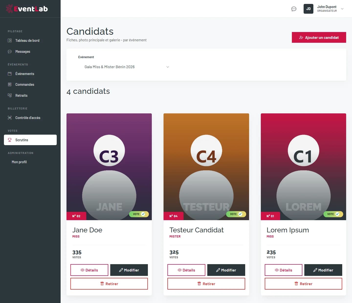 Cartes de candidats avec dossard, catégorie, nombre de votes et boutons Détails, Modifier et Retirer