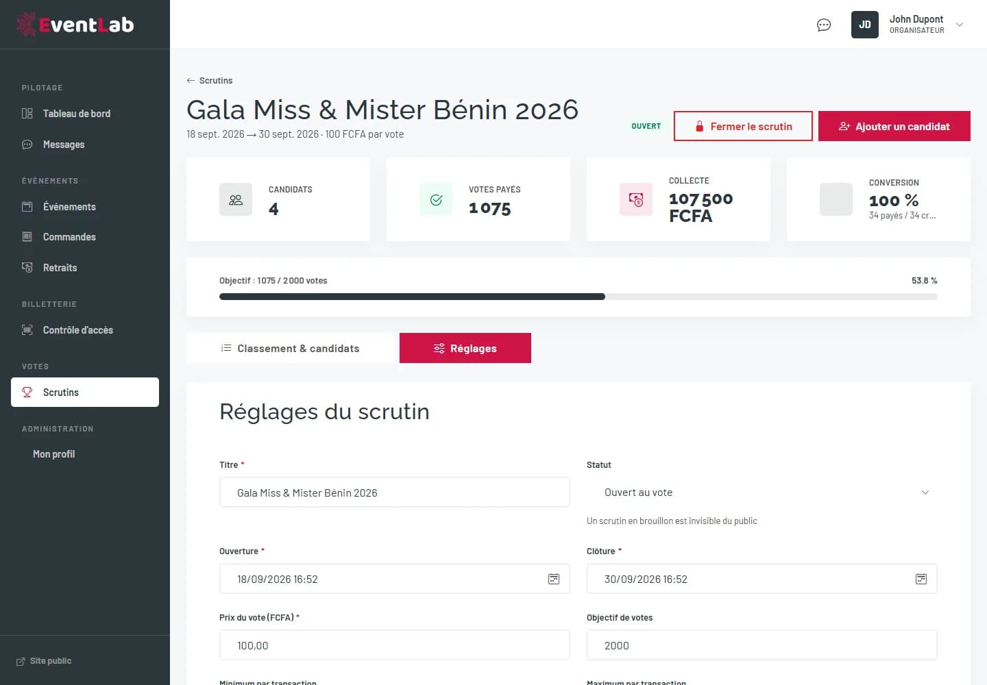 Onglet Réglages du scrutin avec titre, statut, dates, prix du vote et objectif