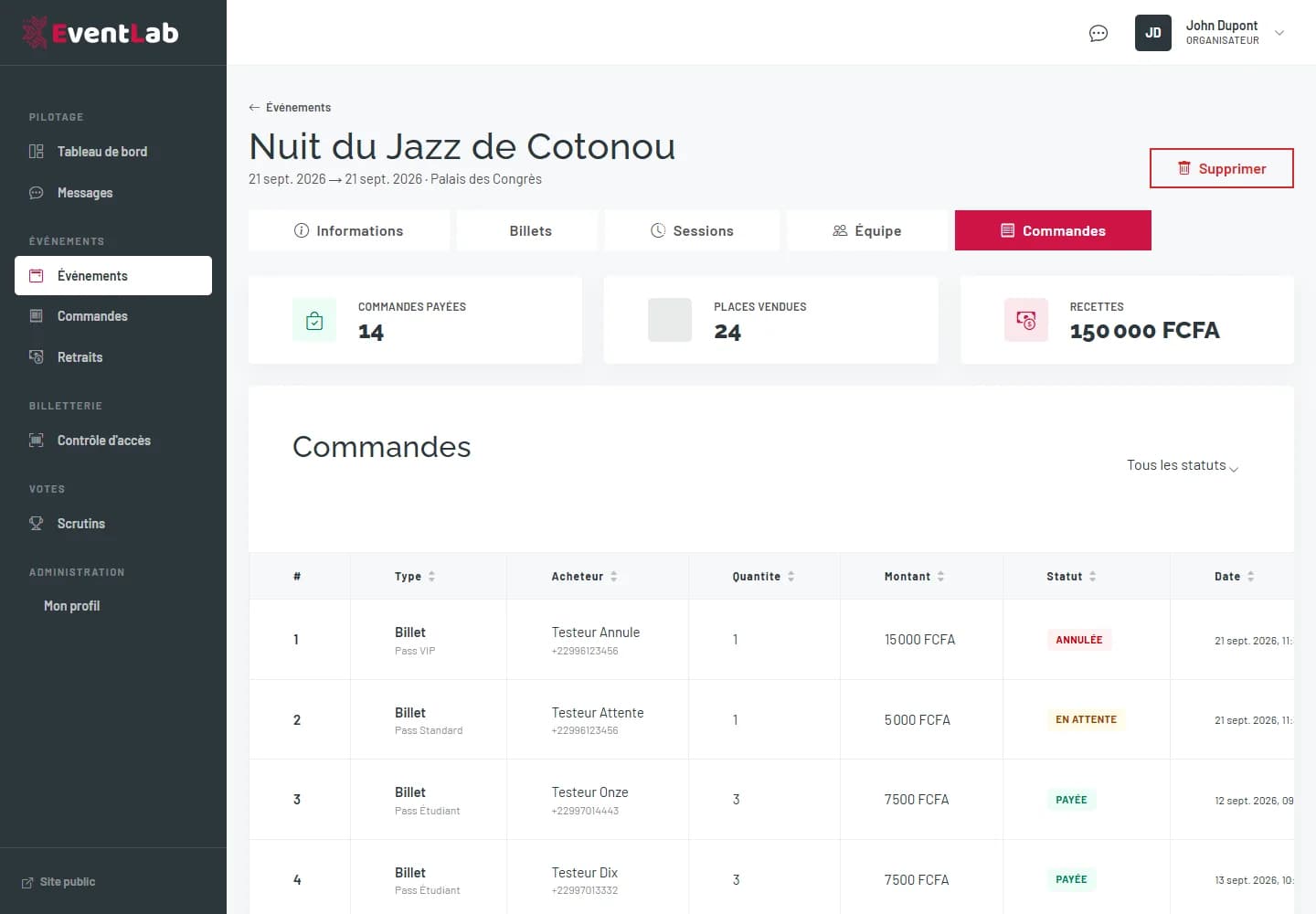 Onglet Commandes d'un événement avec les commandes payées, places vendues, recettes et le tableau des commandes