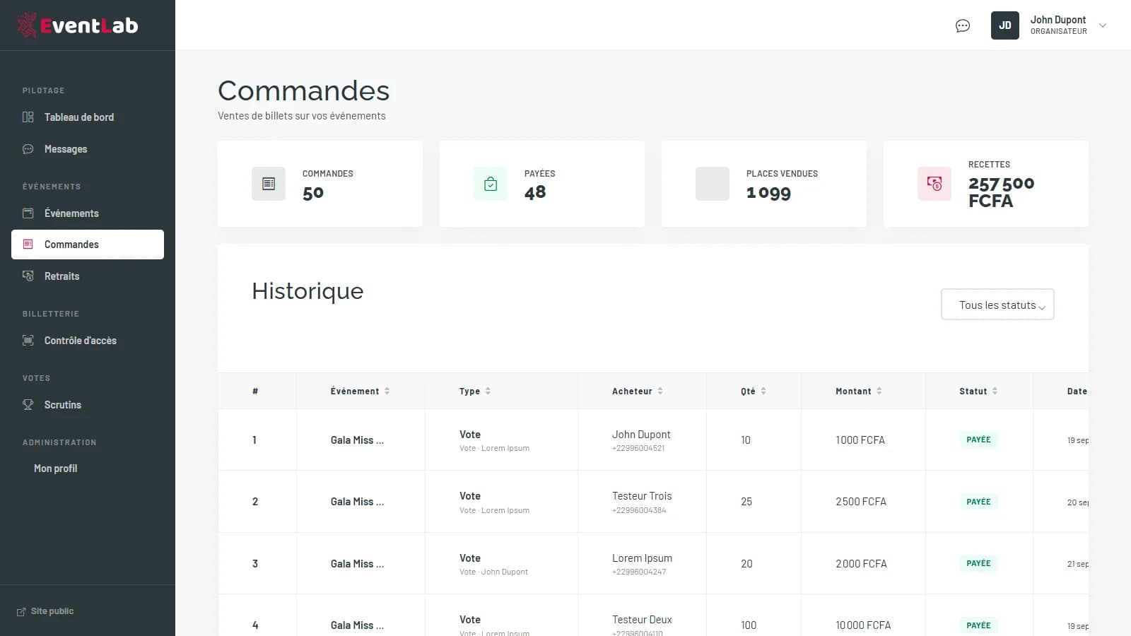 Historique des commandes avec les indicateurs Commandes, Payées, Places vendues et Recettes