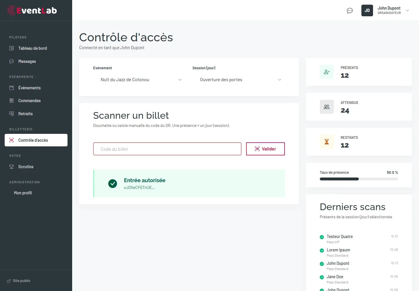 Résultat de scan vert Entrée autorisée