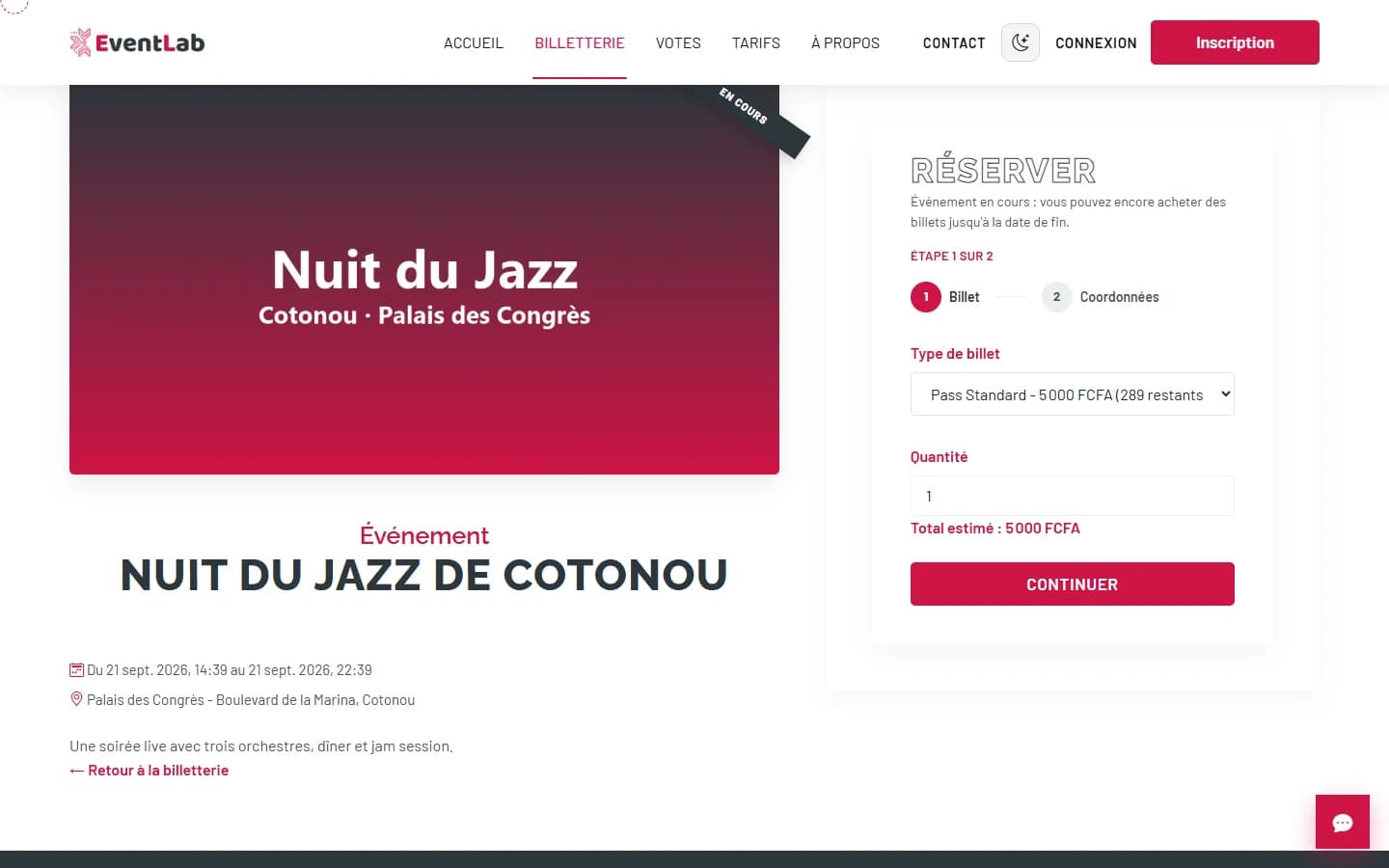 Page publique d'un événement avec le module Réserver : type de billet, quantité et total estimé